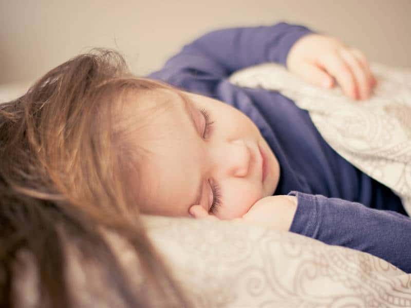 Young child going to sleeps in bed with rabbit - a success story of no cry sleep solution.